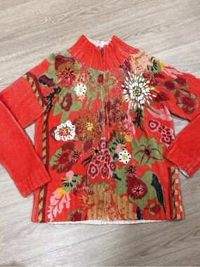 Coldwater Creek Pink & Coral Knit Sweater with Floral Accent